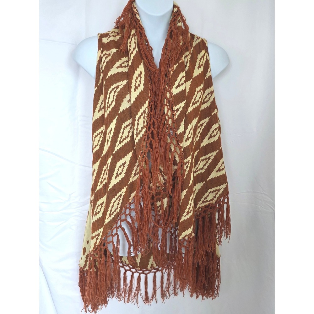 Raj Women's Fringe Open Front Vest Brown Cream OS Boho Geometric Diamond Autumn